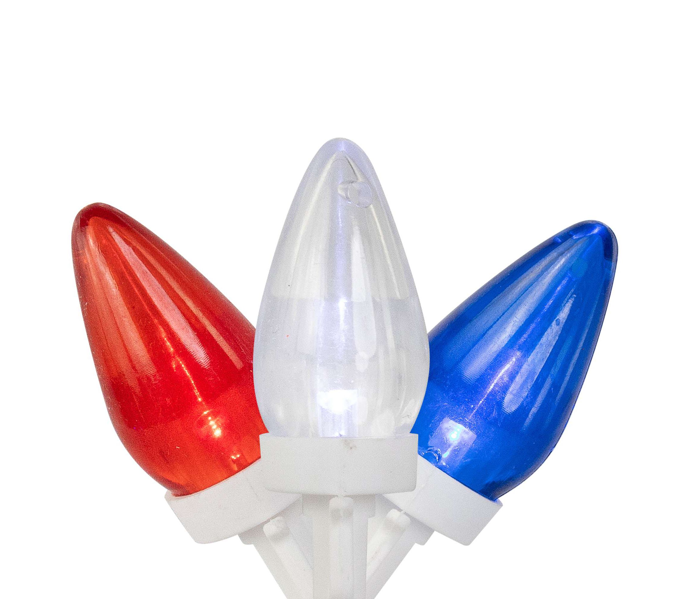 Patriotic C7 LED Christmas Lights - Red  Blue and White - 16 White Wire - 50ct