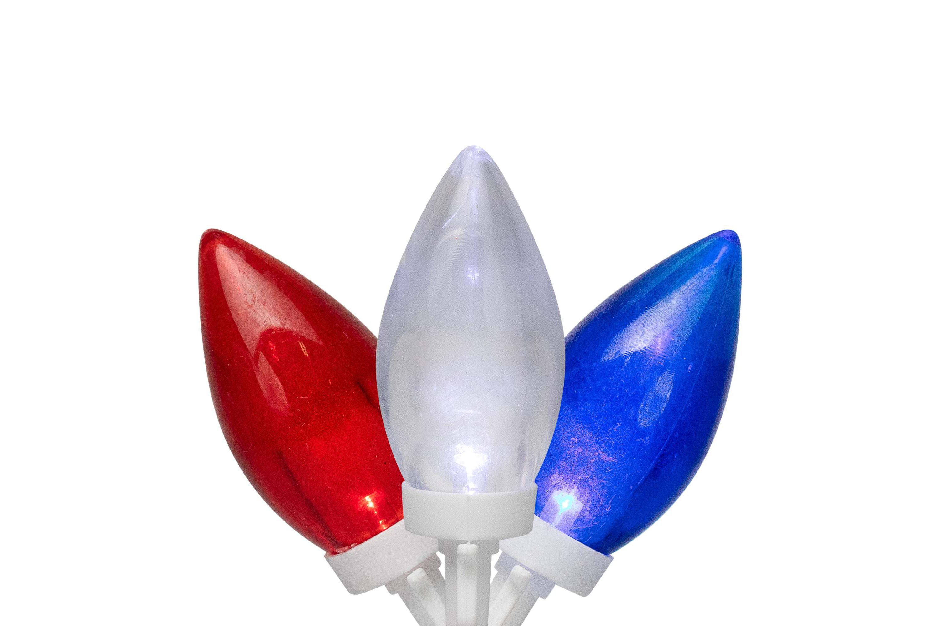 Patriotic LED C9 Christmas Lights - Red  White and Blue - 16 White Wire - 25ct