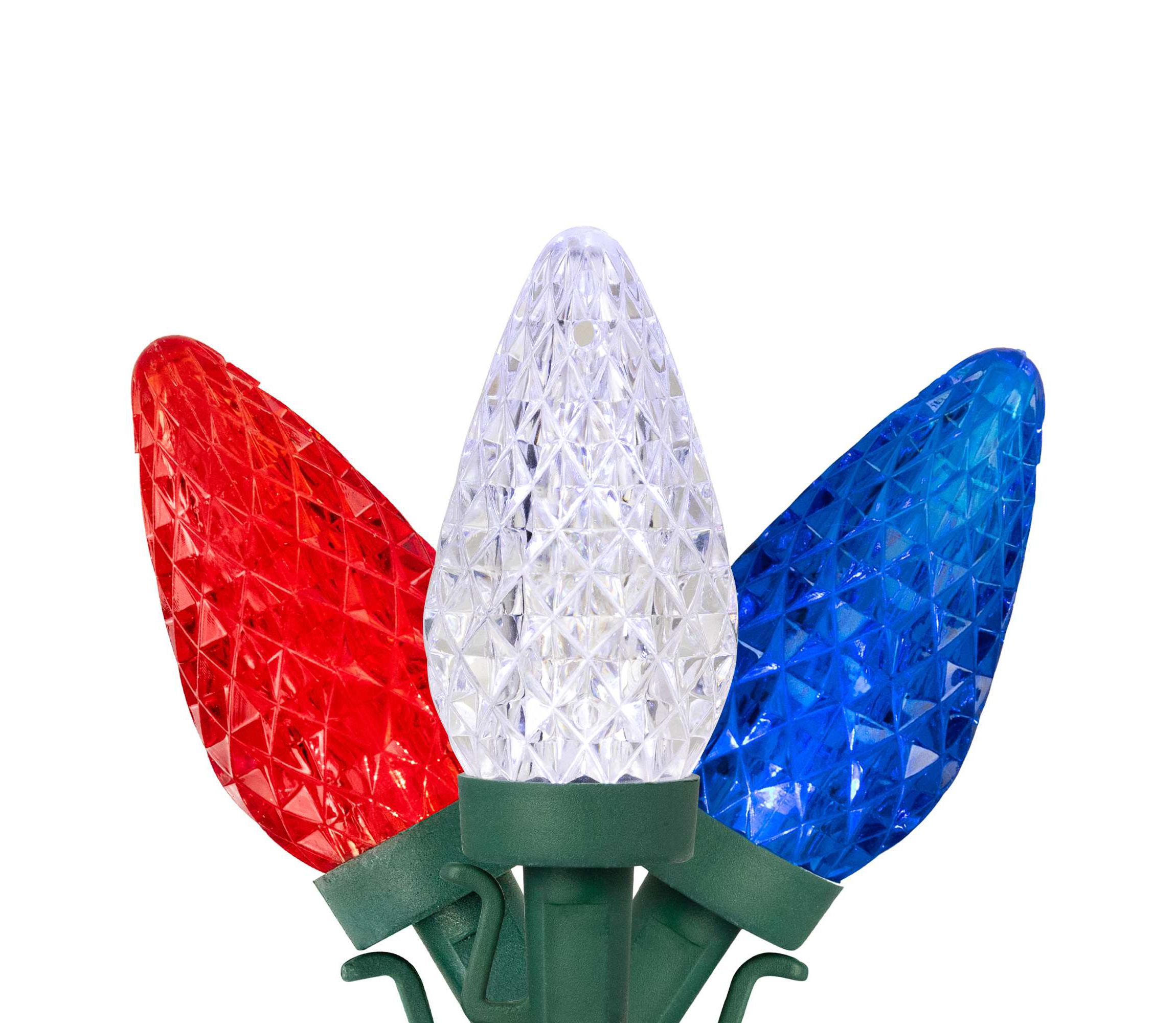 Patriotic LED C9 Faceted Christmas Lights - Red  White and Blue - 66 Green Wire - 100ct