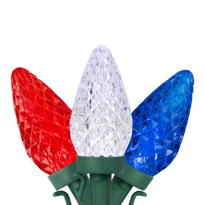 Patriotic LED C9 Faceted Christmas Lights - Red  White and Blue - 66 Green Wire - 100ct