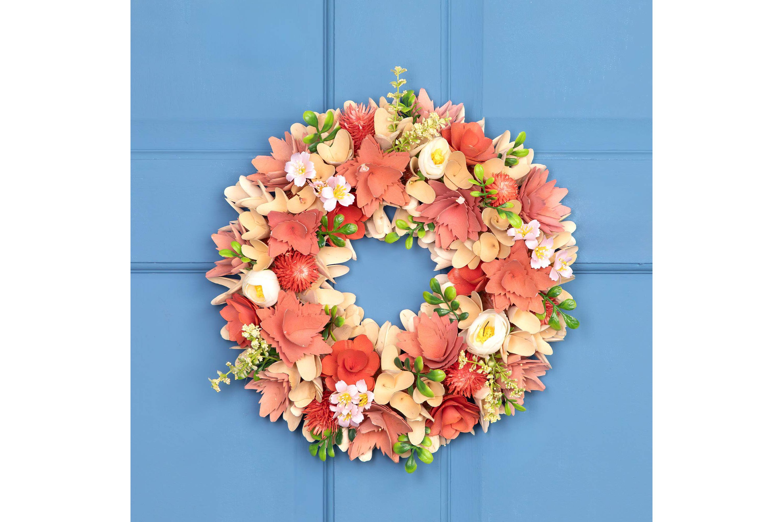 Artificial Mini Thistle Flowers Wooden Spring Wreath - 14" - Pink and Cream