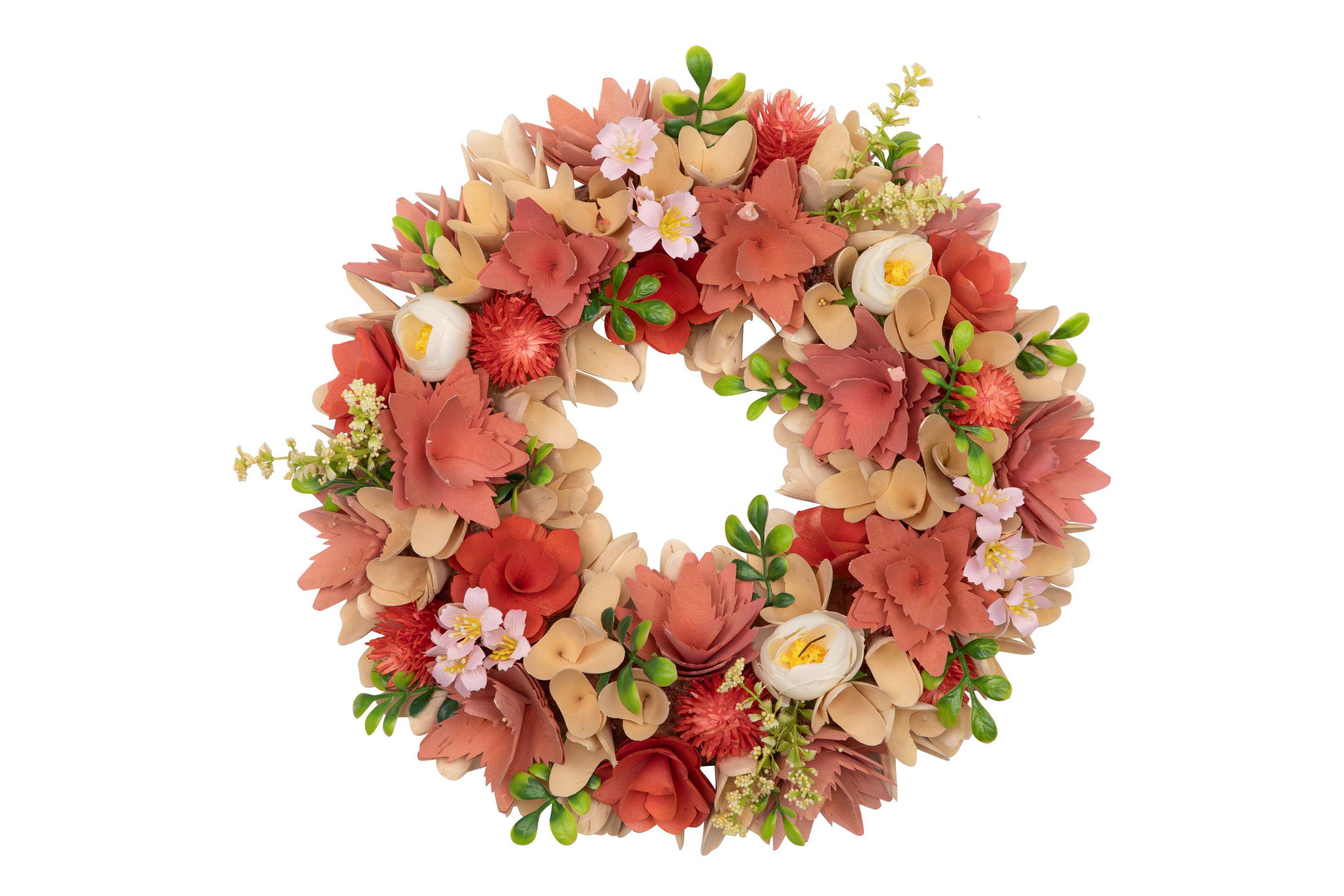 Artificial Mini Thistle Flowers Wooden Spring Wreath - 14" - Pink and Cream