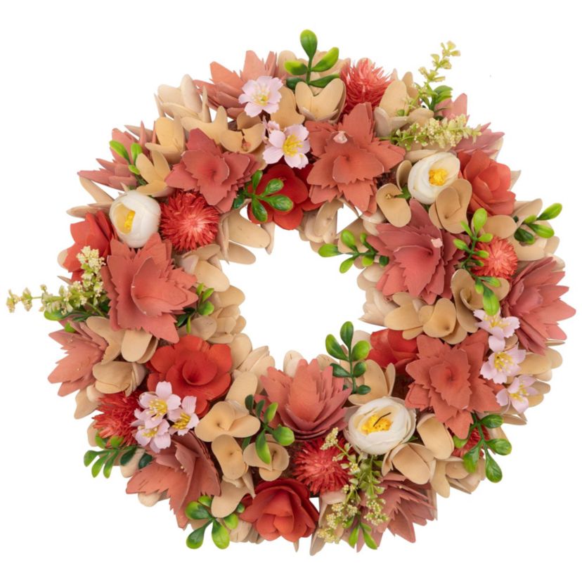 Artificial Mini Thistle Flowers Wooden Spring Wreath - 14" - Pink and Cream
