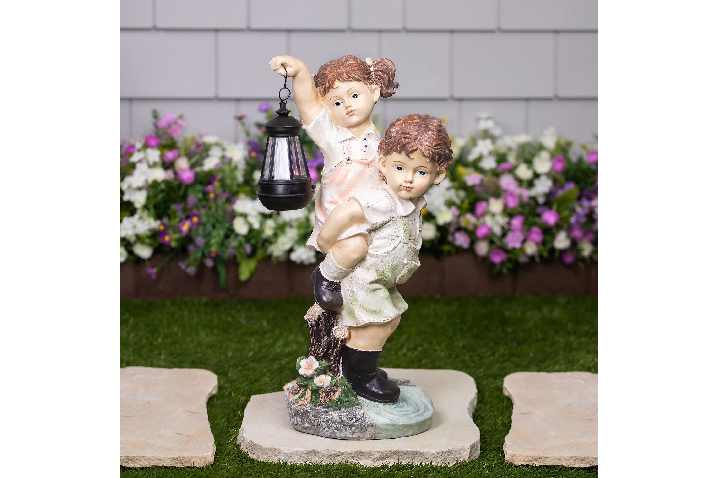 LED Solar Lighted Boy and Girl with Lantern Outdoor Garden Statue - 19.5"