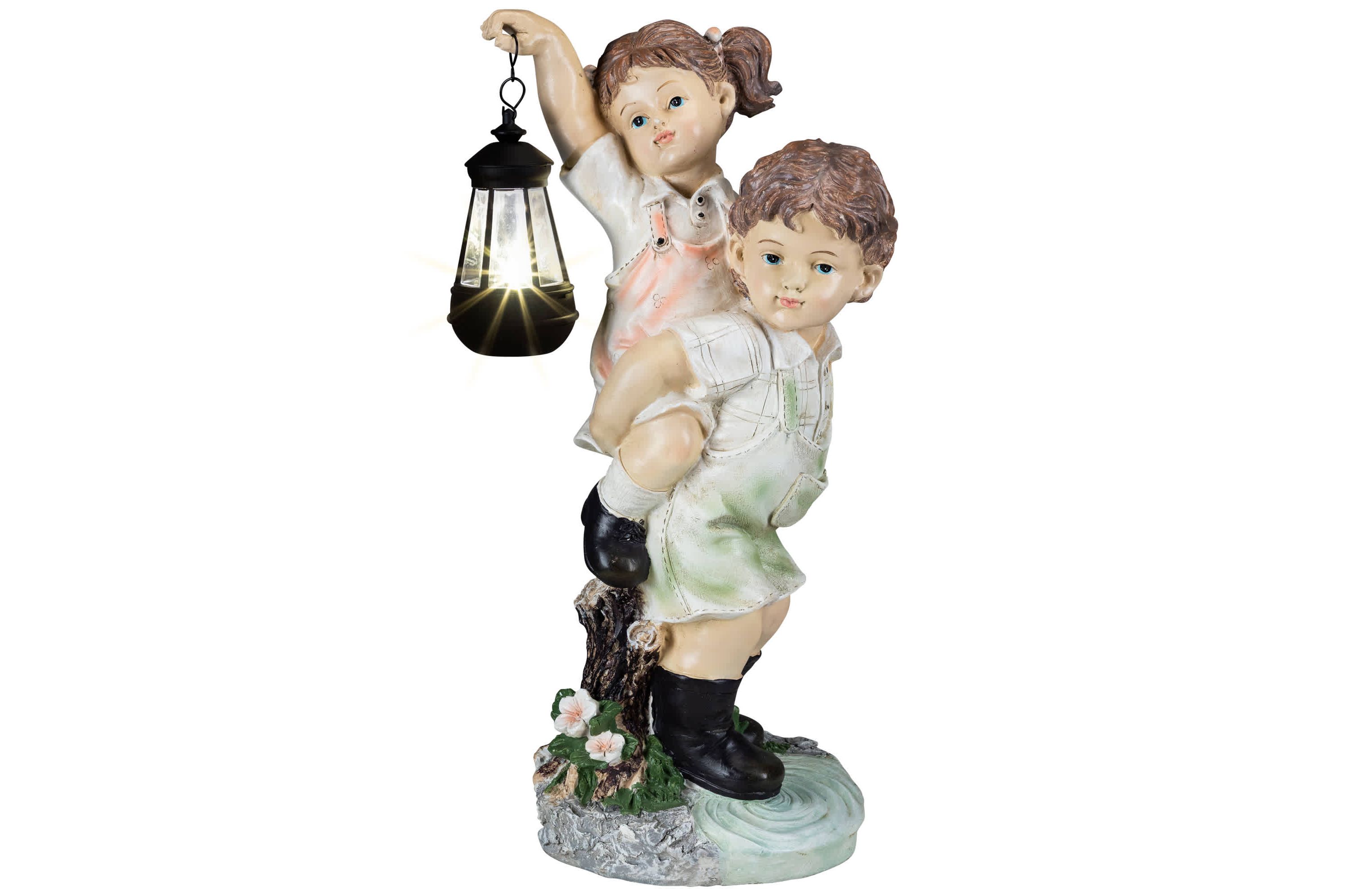 LED Solar Lighted Boy and Girl with Lantern Outdoor Garden Statue - 19.5"