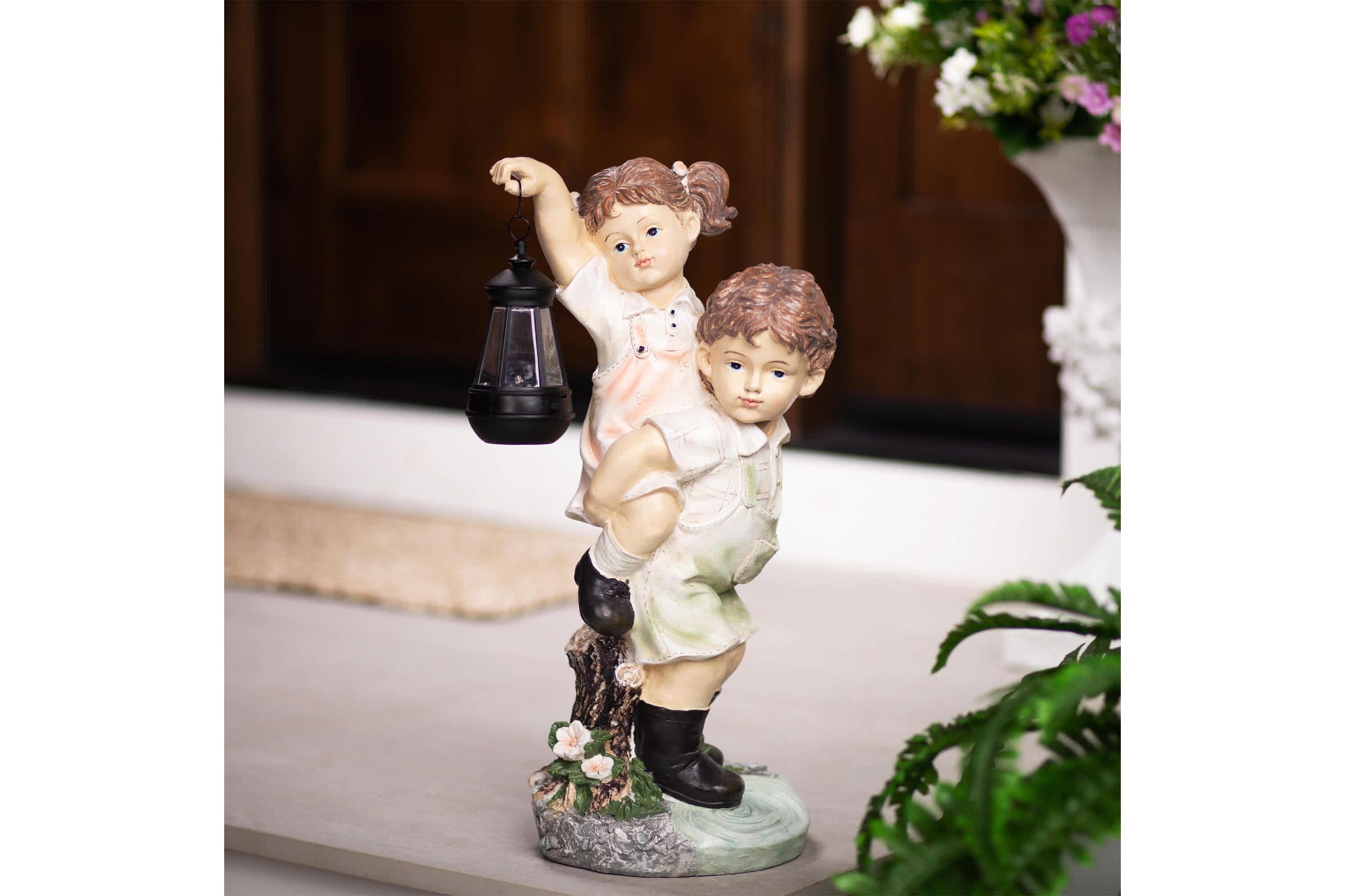 LED Solar Lighted Boy and Girl with Lantern Outdoor Garden Statue - 19.5"
