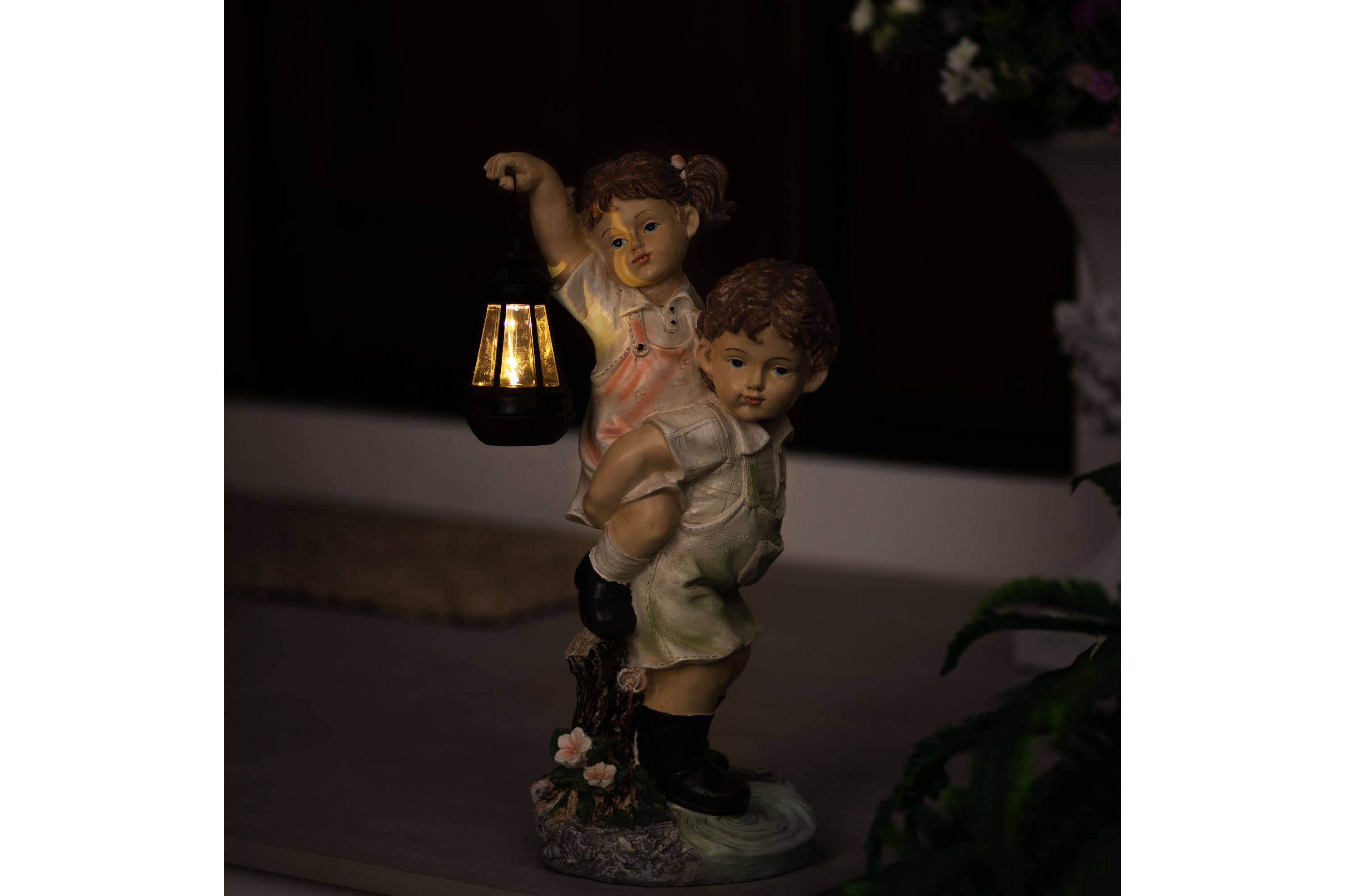 LED Solar Lighted Boy and Girl with Lantern Outdoor Garden Statue - 19.5"