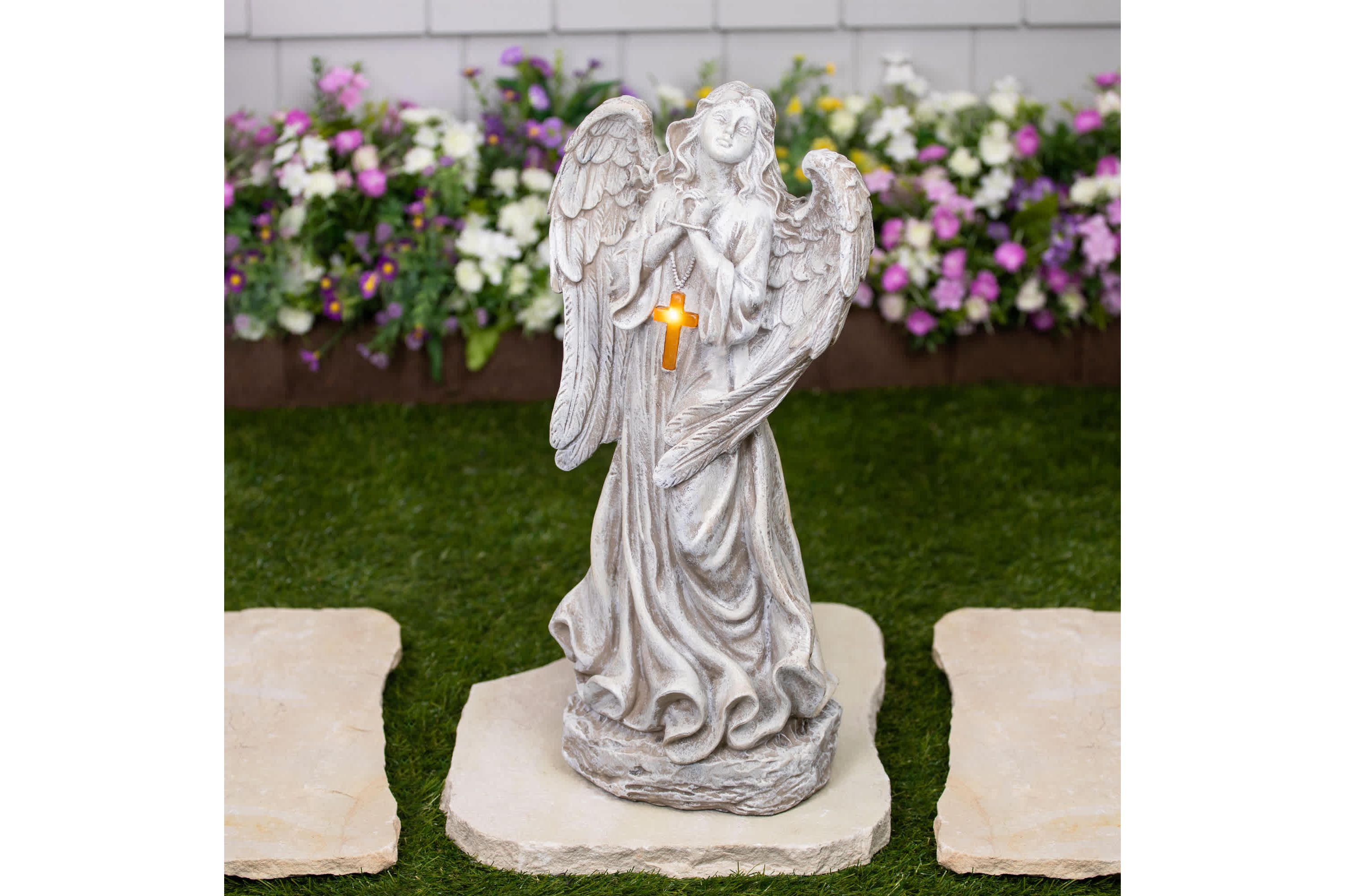 LED Solar Lighted Angel with Cross Garden Statue - 19"