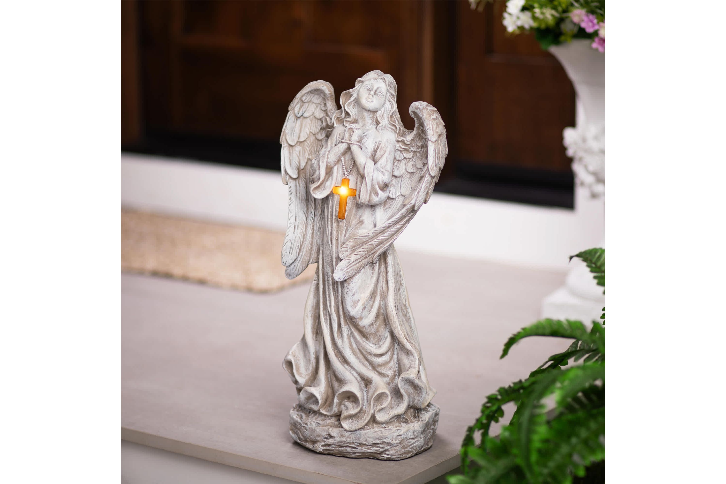 LED Solar Lighted Angel with Cross Garden Statue - 19"