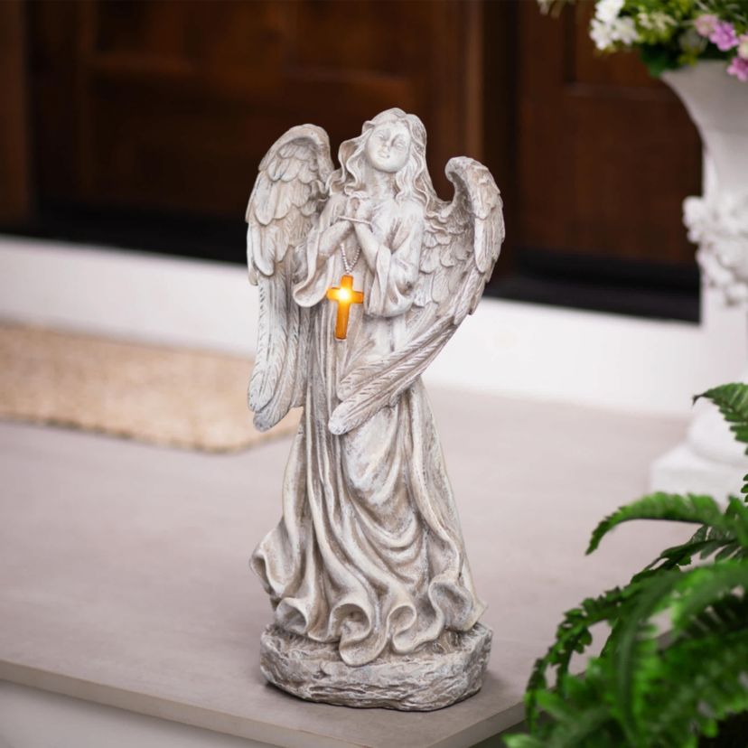 LED Solar Lighted Angel with Cross Garden Statue - 19"