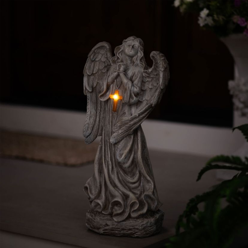 LED Solar Lighted Angel with Cross Garden Statue - 19"