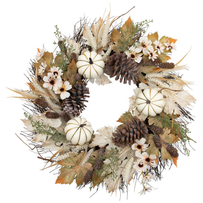 Pumpkin and Pinecone Fall Harvest Artificial Wreath - 24" - Unlit