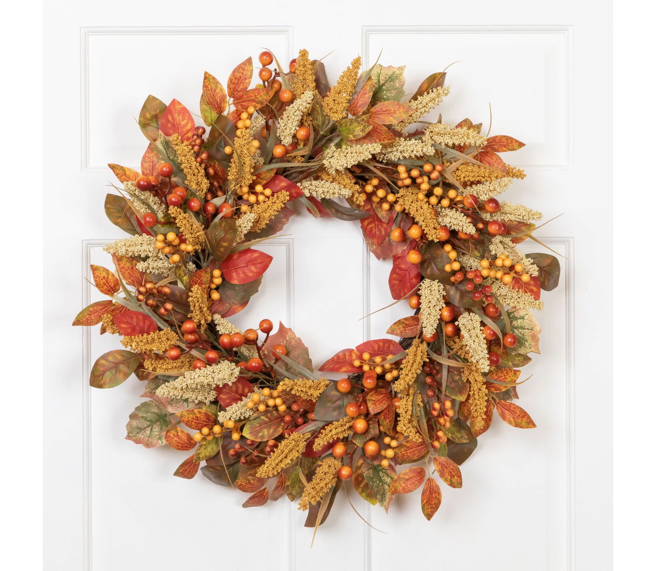 Autumn Leaves and Berries Fall Harvest Artificial Wreath - 24" - Unlit
