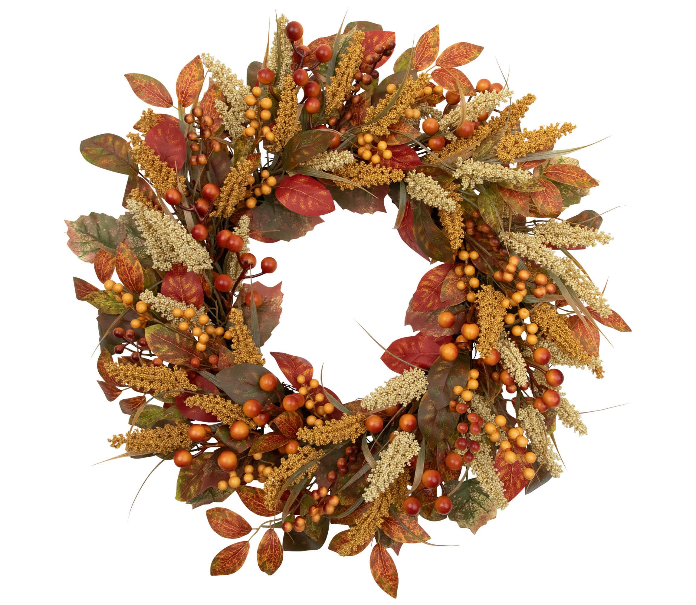 Autumn Leaves and Berries Fall Harvest Artificial Wreath - 24" - Unlit
