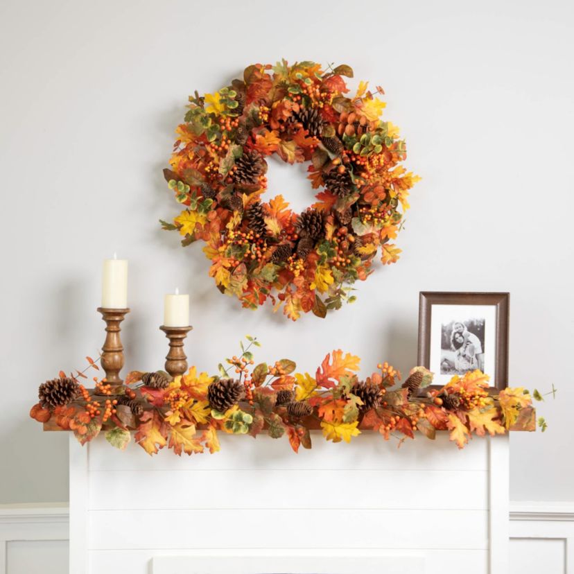 Autumn Leaves and Pinecone Fall Harvest Artificial Garland - 5 - Unlit