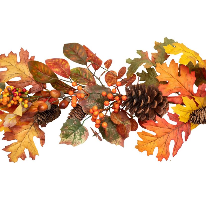 Autumn Leaves and Pinecone Fall Harvest Artificial Garland - 5 - Unlit
