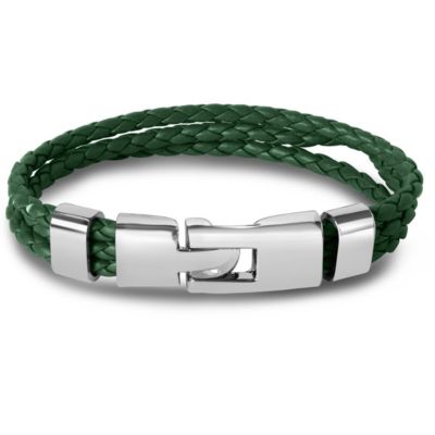 Bruno Magli Mens Three Strand Braided Leather Bracelet, Green