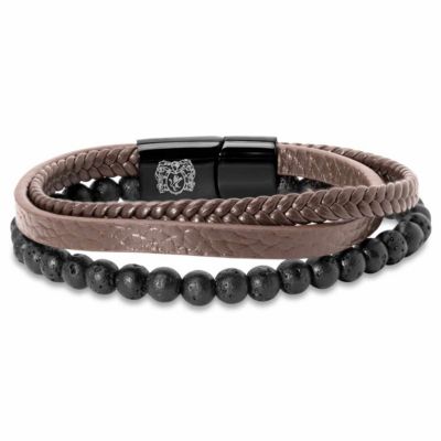 Bruno Magli Mens Leather Bracelet With Lava Beads, Brown