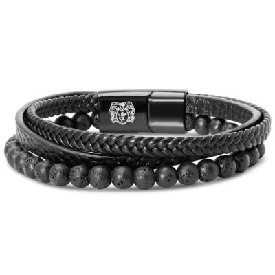 Bruno Magli Mens Leather Bracelet With Lava Beads, Black