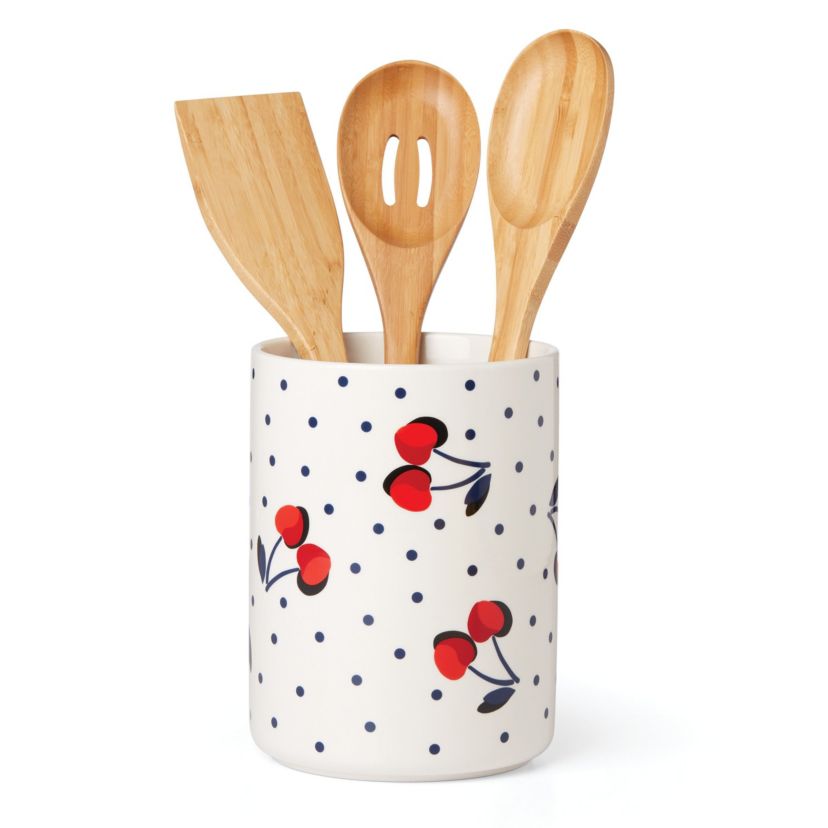 Vintage Cherry Dot 4-Piece Utensil Crock Set
