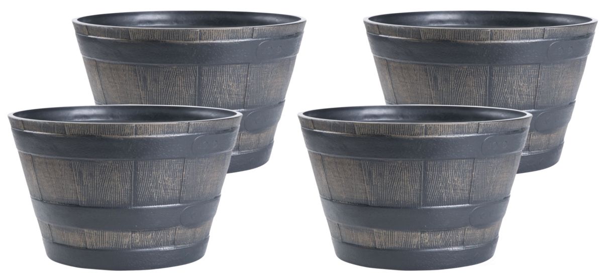 Rustic Wood- Look Plastic Half Barrel Flower Pot Bucket Planter, Pack of 4