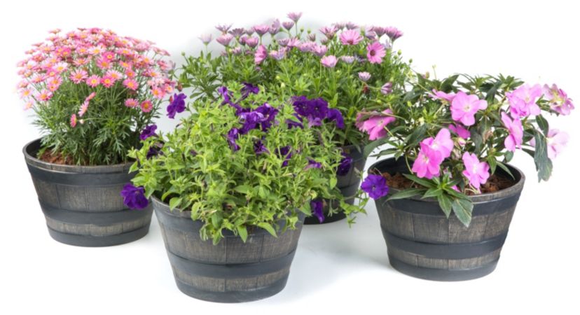 Rustic Wood- Look Plastic Half Barrel Flower Pot Bucket Planter, Pack of 4