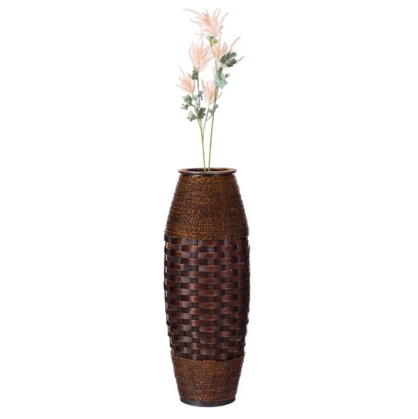 Antique Cylinder Style Floor Vase For Entryway or Living Room, Bamboo Rope, Brown 26" Tall