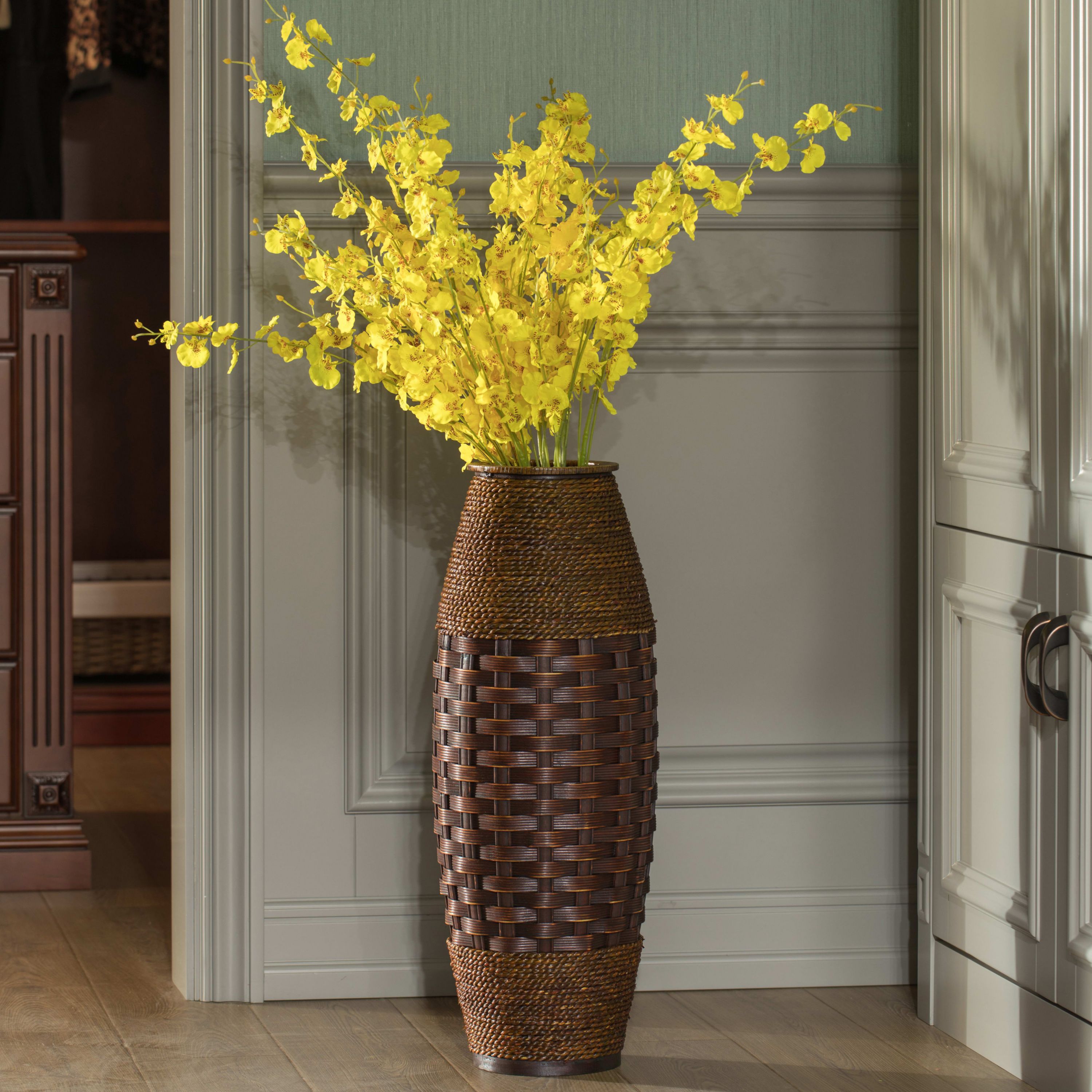Antique Cylinder Style Floor Vase For Entryway or Living Room, Bamboo Rope, Brown 26" Tall