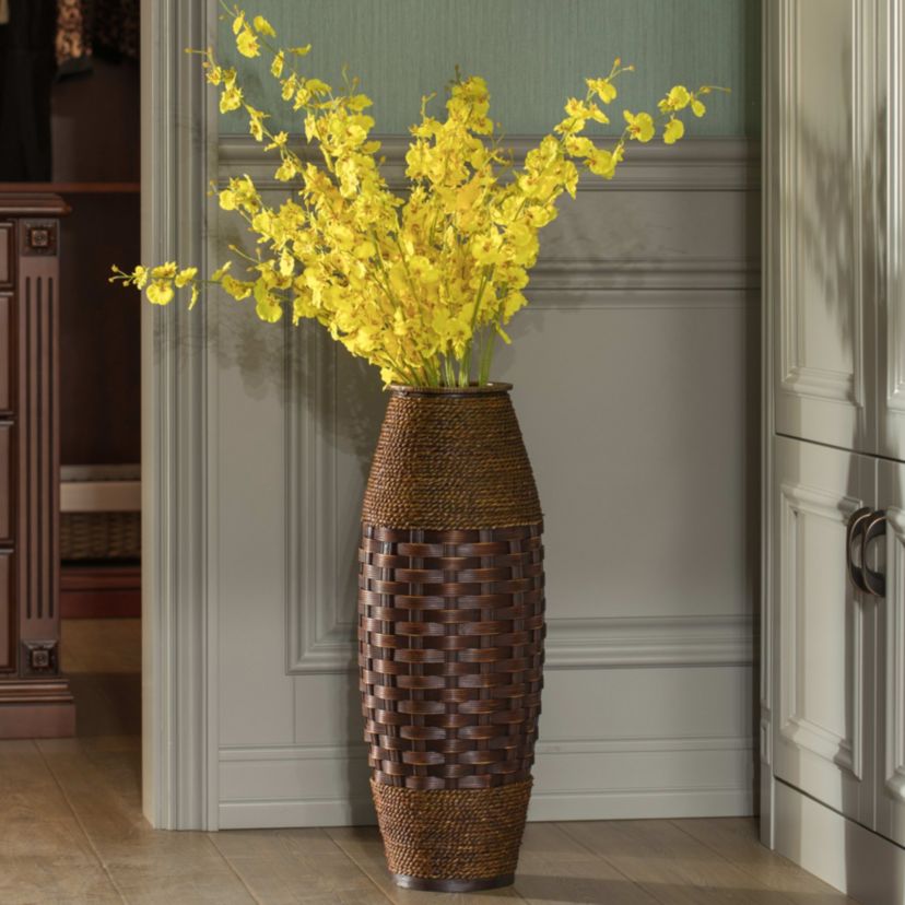 Antique Cylinder Style Floor Vase For Entryway or Living Room, Bamboo Rope, Brown 26" Tall