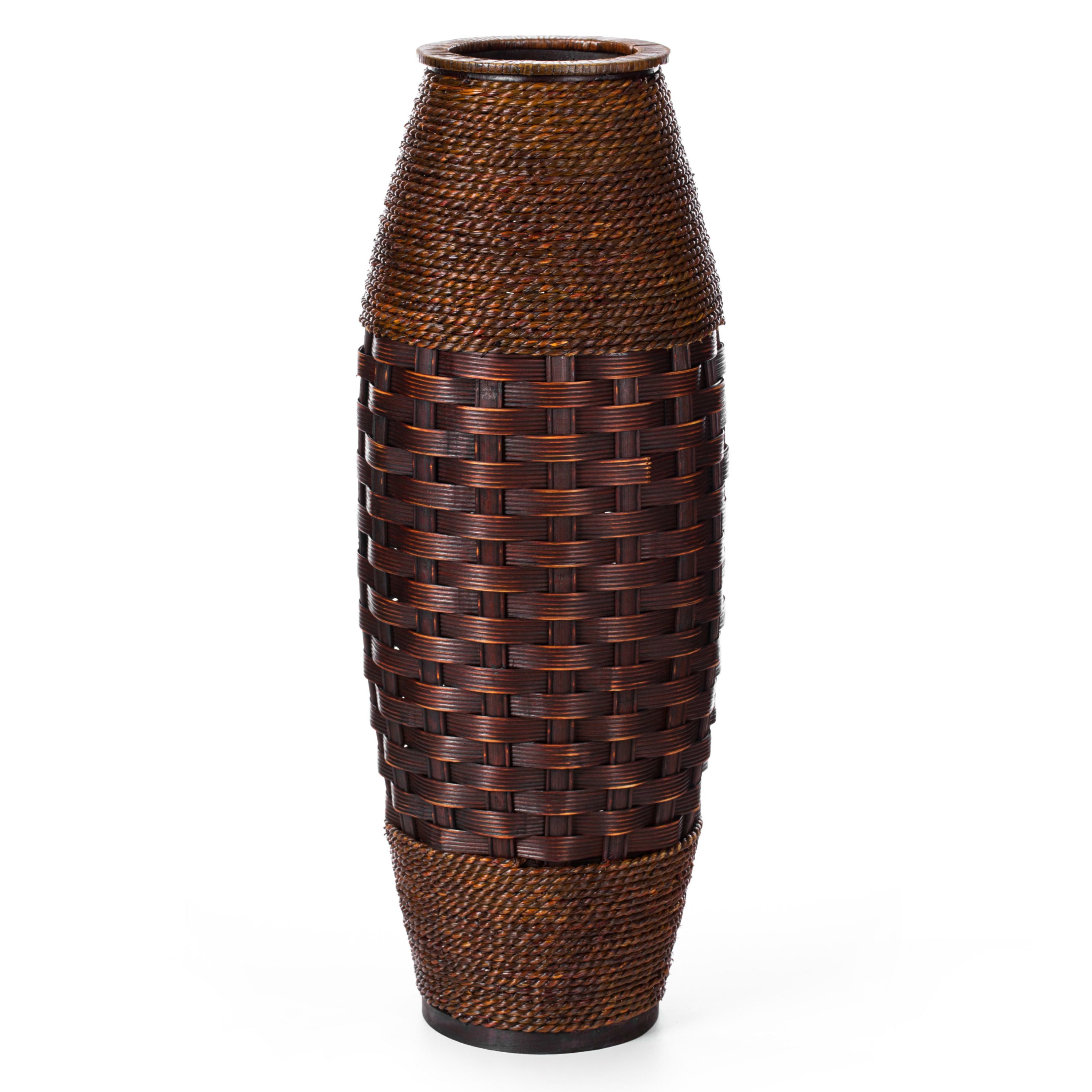Antique Cylinder Style Floor Vase For Entryway or Living Room, Bamboo Rope, Brown 26" Tall
