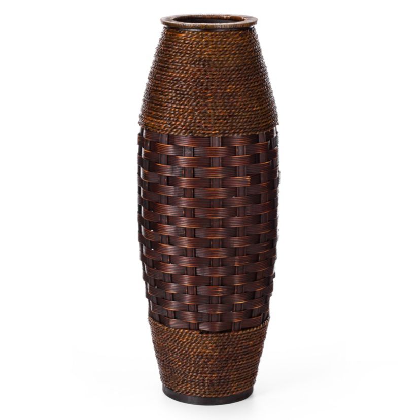 Antique Cylinder Style Floor Vase For Entryway or Living Room, Bamboo Rope, Brown 26" Tall