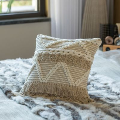 16" Handwoven Cotton Throw Pillow Cover with White Dot Pattern and Natural Tassel Fringe Lines, Natural