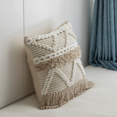 16" Handwoven Cotton Throw Pillow Cover with White Dot Pattern and Natural Tassel Fringe Lines, Natural