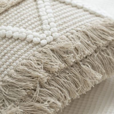 16" Handwoven Cotton Throw Pillow Cover with White Dot Pattern and Natural Tassel Fringe Lines, Natural