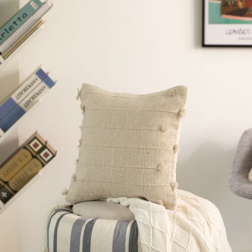 16" Handwoven Cotton Throw Pillow Cover with Drawstring, Natural