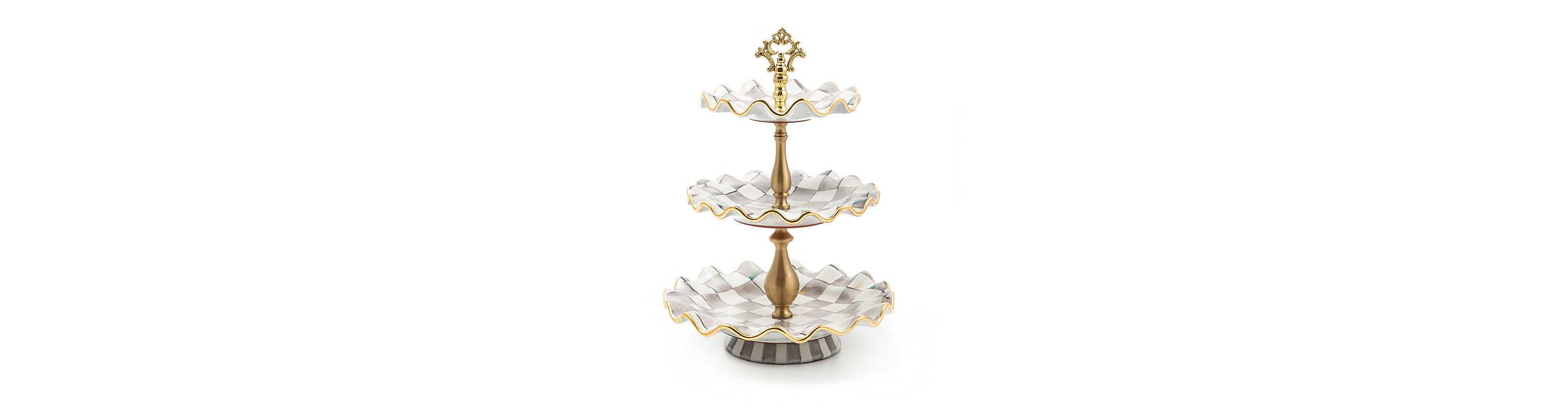 Sterling Check Ceramic Three Tier Sweet Stand