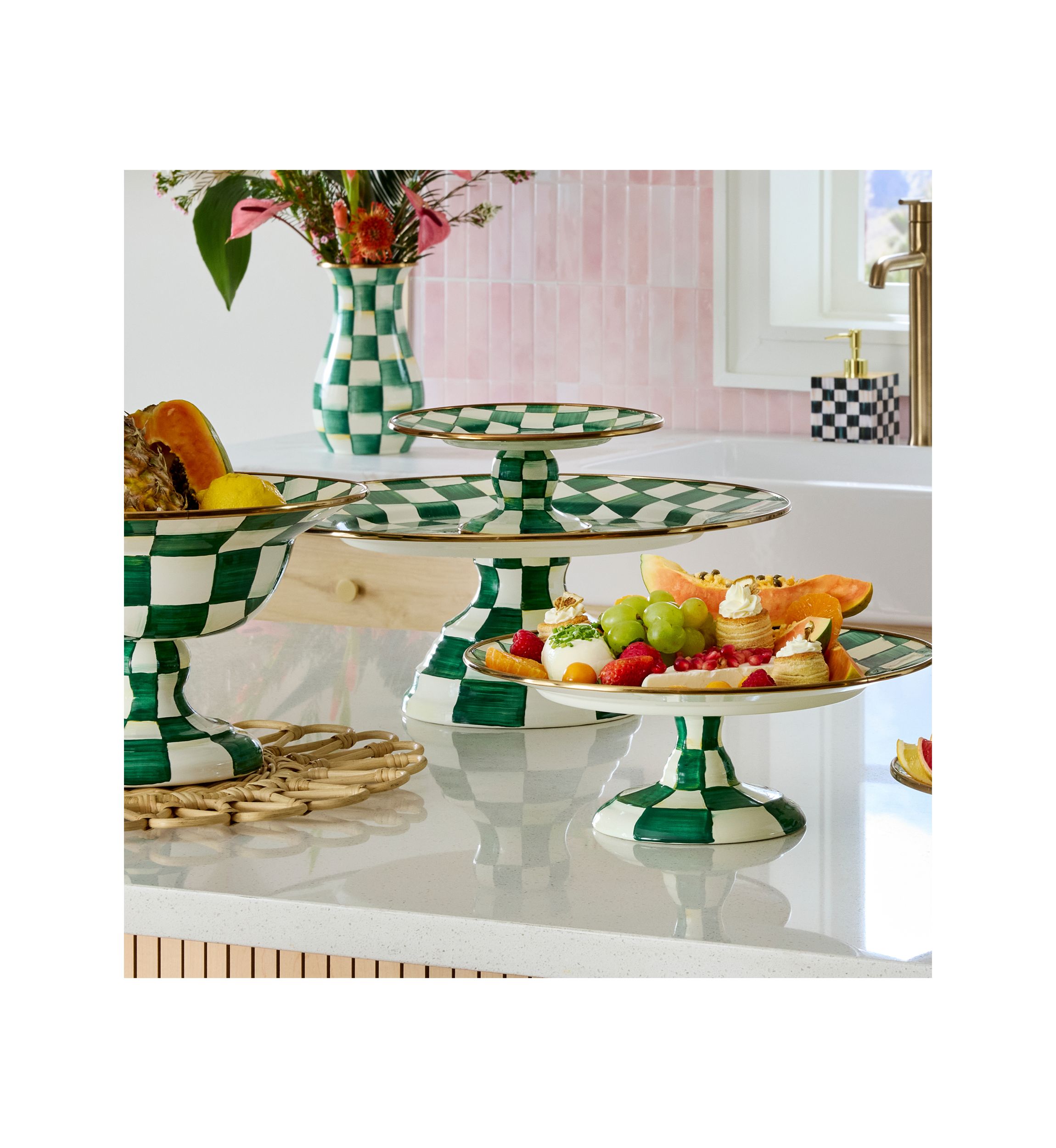 Check Enamel Large Pedestal Platter
