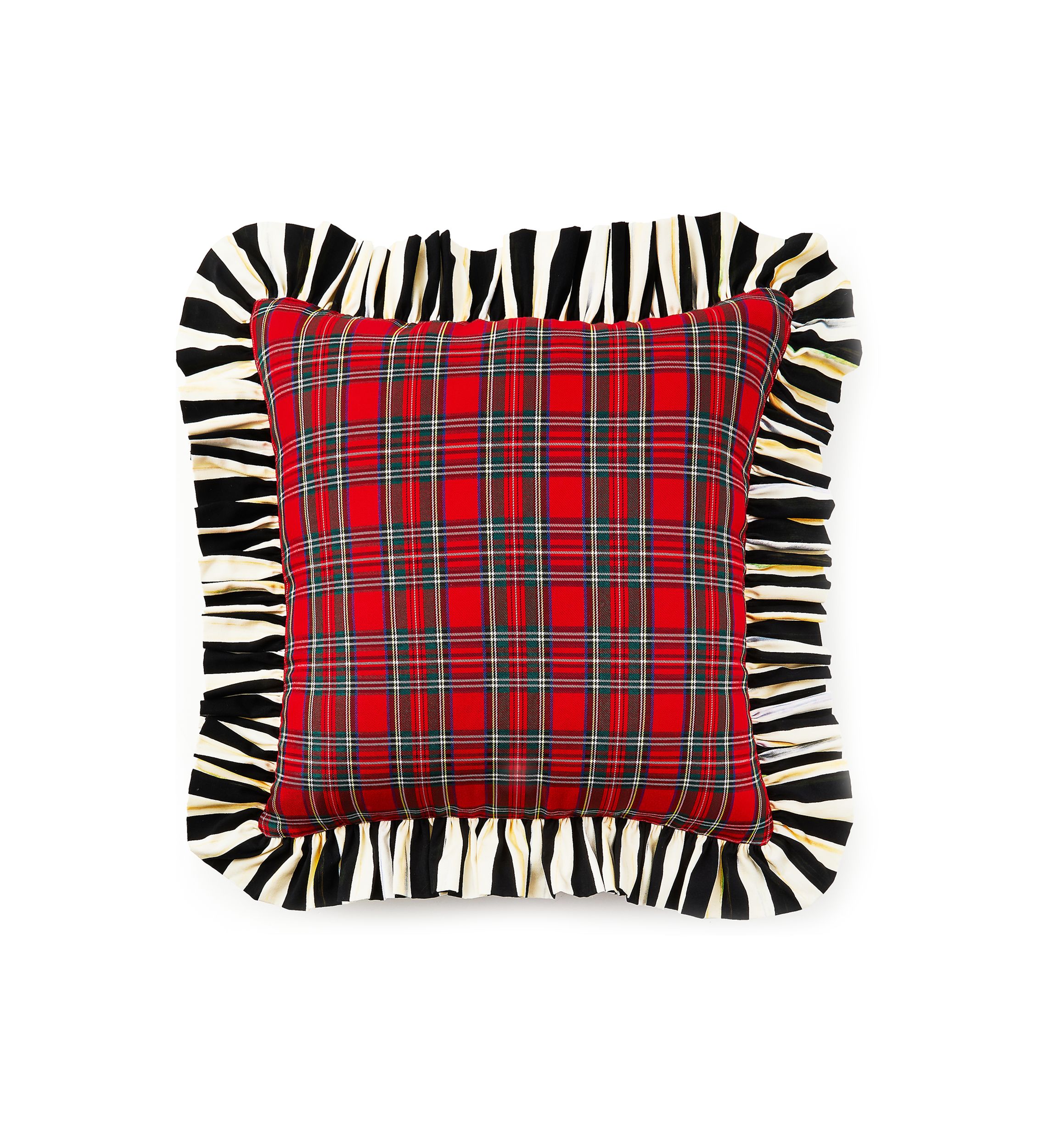 Red Tartan and Stripe Ruffle Pillow