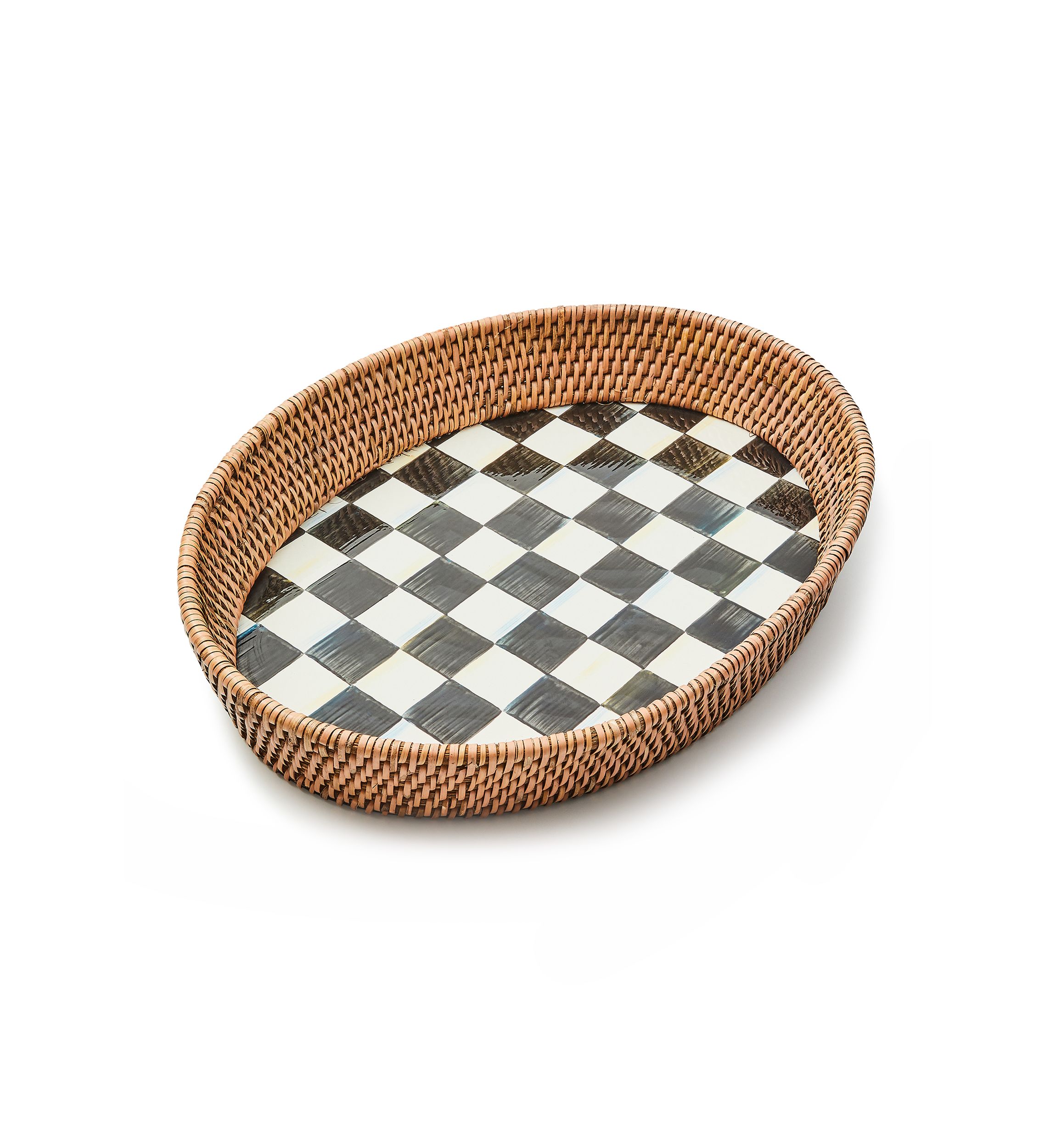 Large Enamel & Rattan Serving Tray