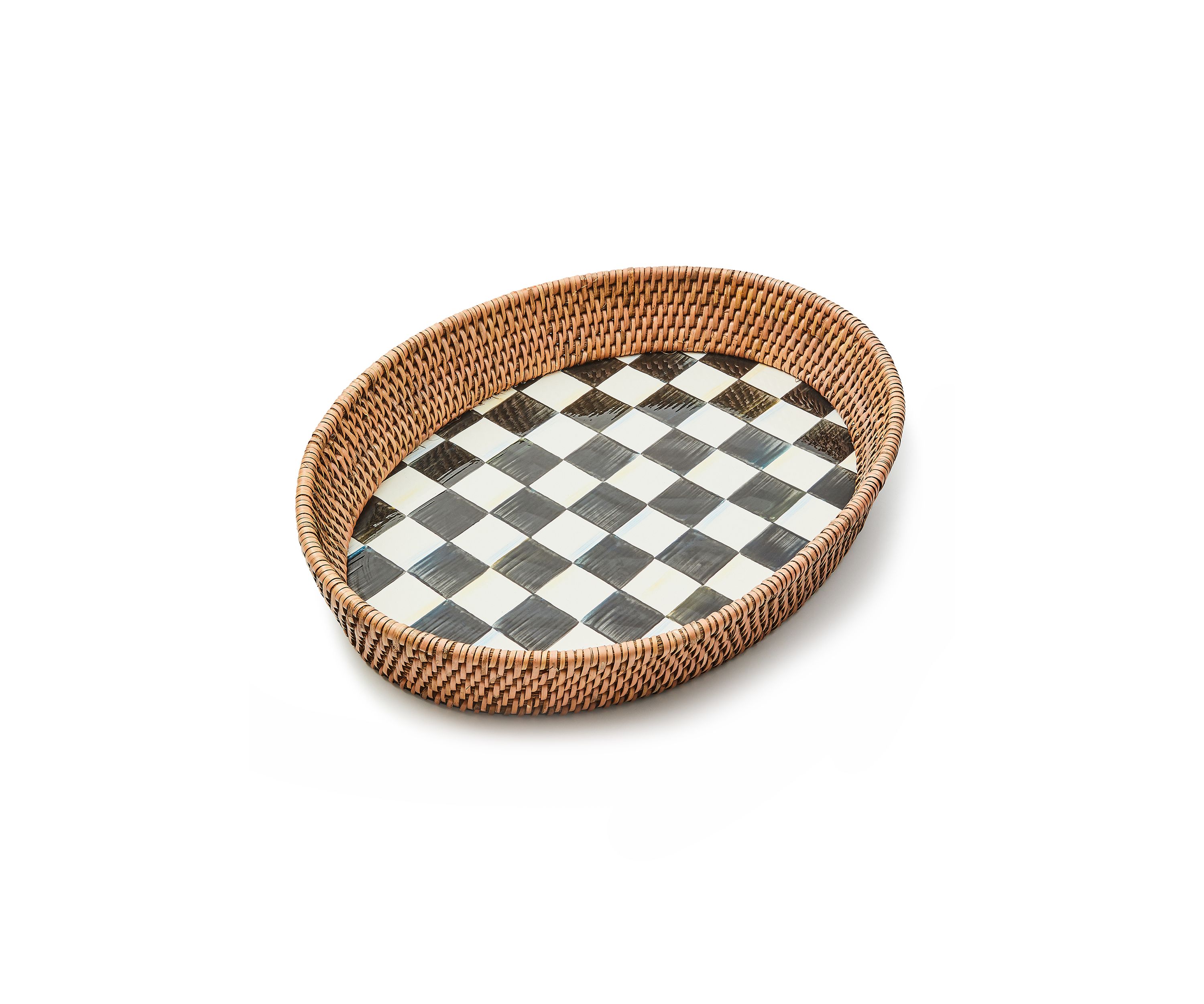 Large Enamel & Rattan Serving Tray