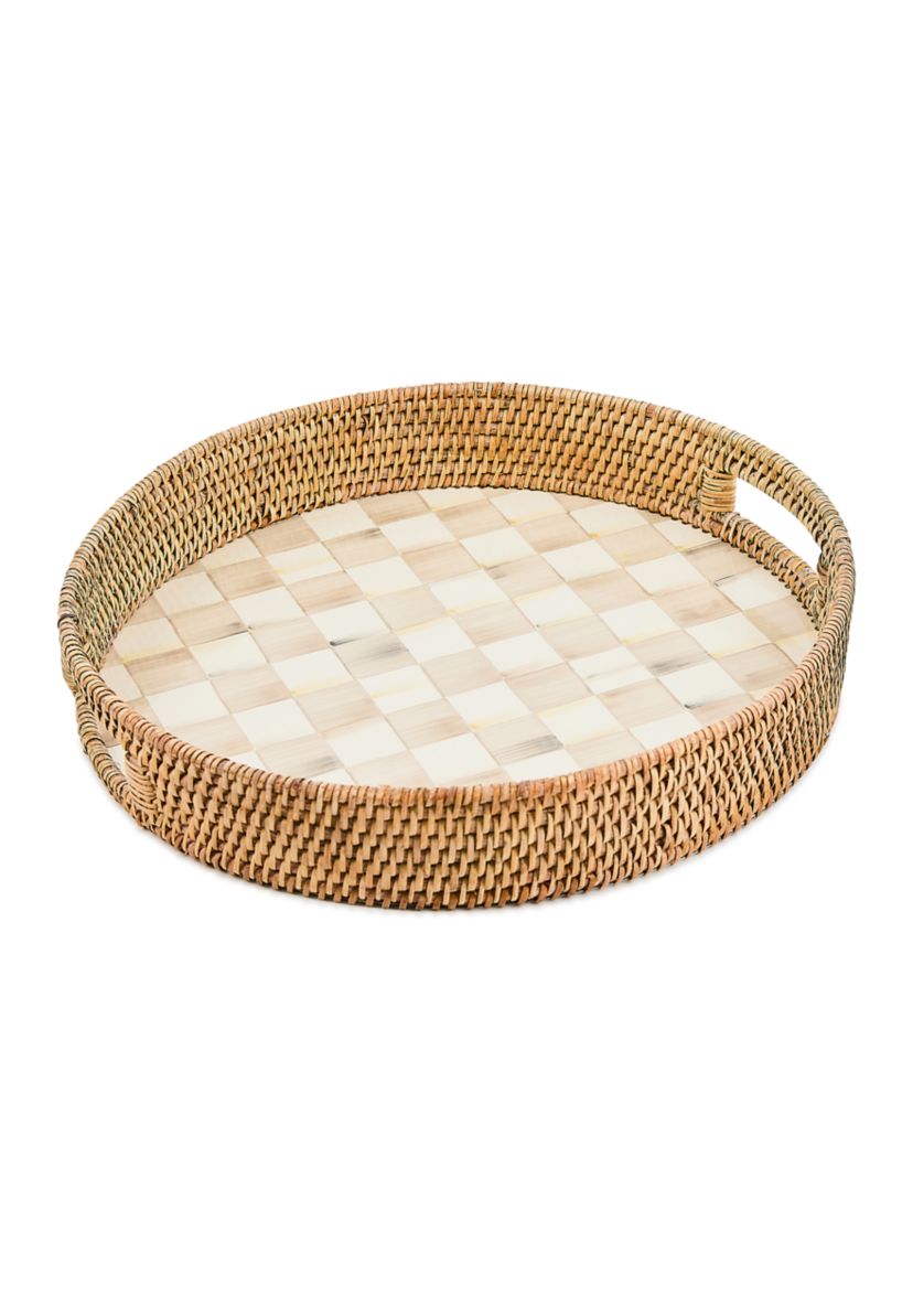 Check Enamel & Rattan Round Serving Tray