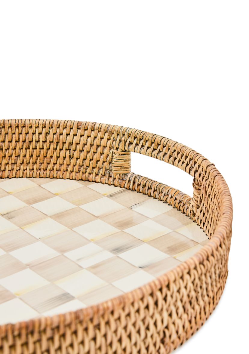 Check Enamel & Rattan Round Serving Tray