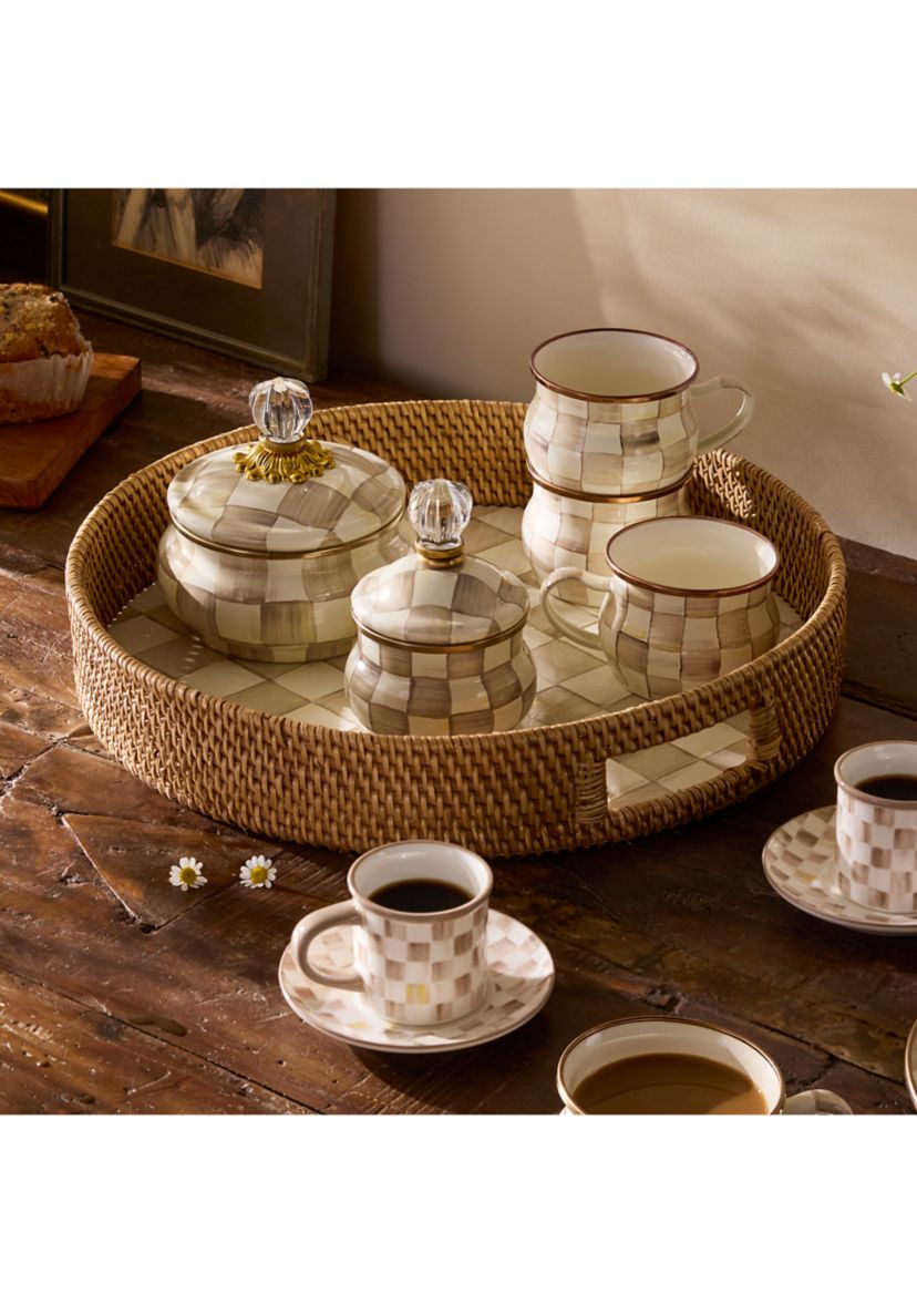 Check Enamel & Rattan Round Serving Tray