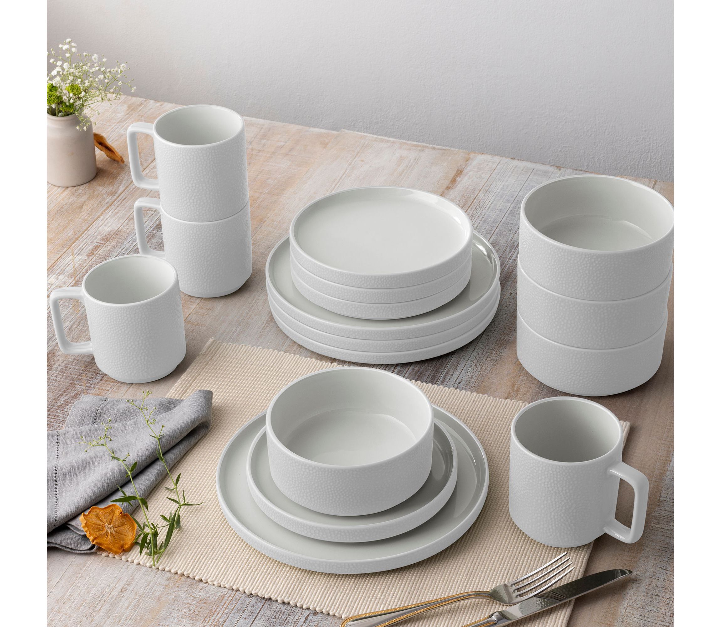 Colortex Stone 16-Piece Stax Dinnerware Set, Service For 4