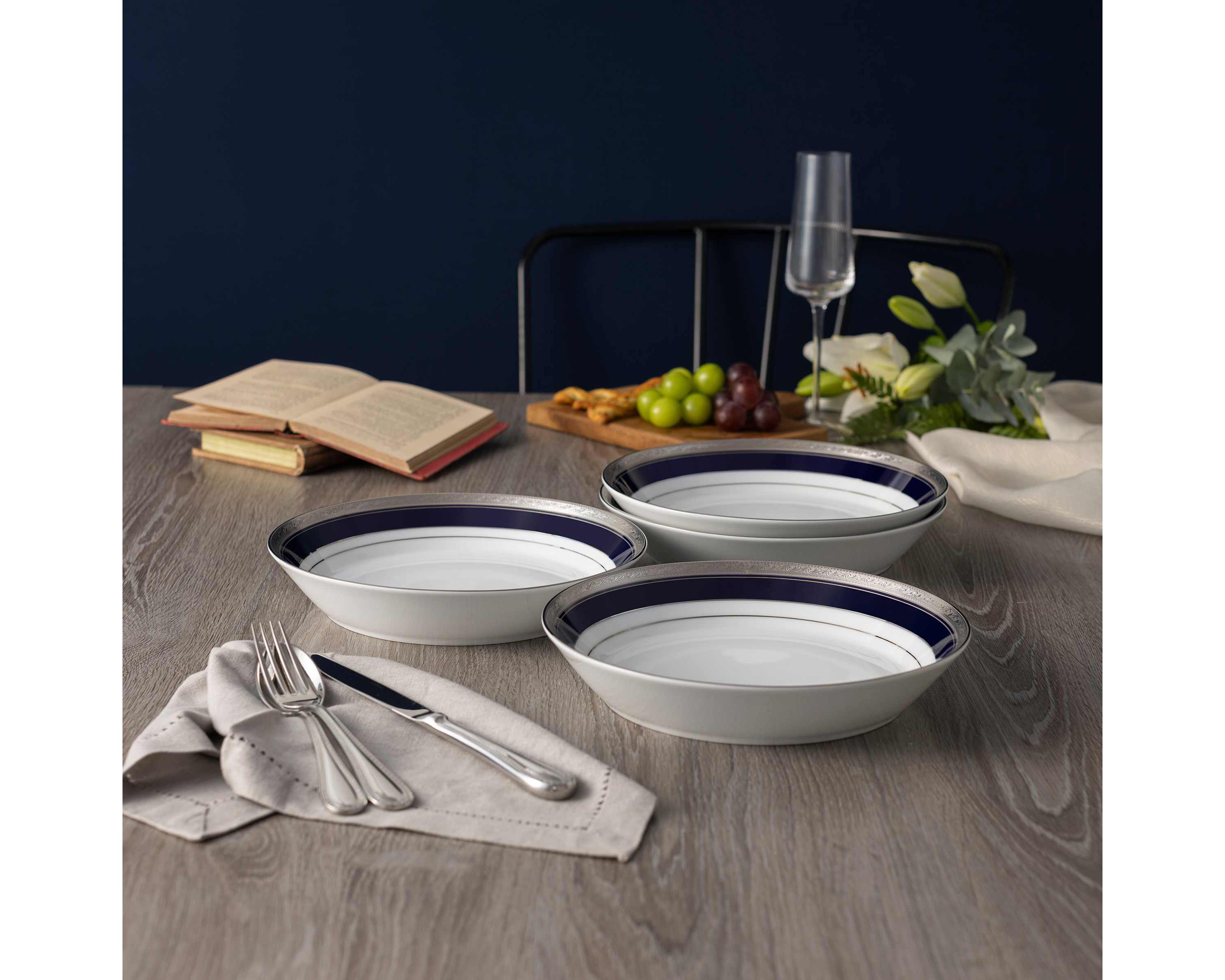 Crestwood Cobalt Platinum Set Of 4 Rim Dinner Bowls, 10", 25 oz.