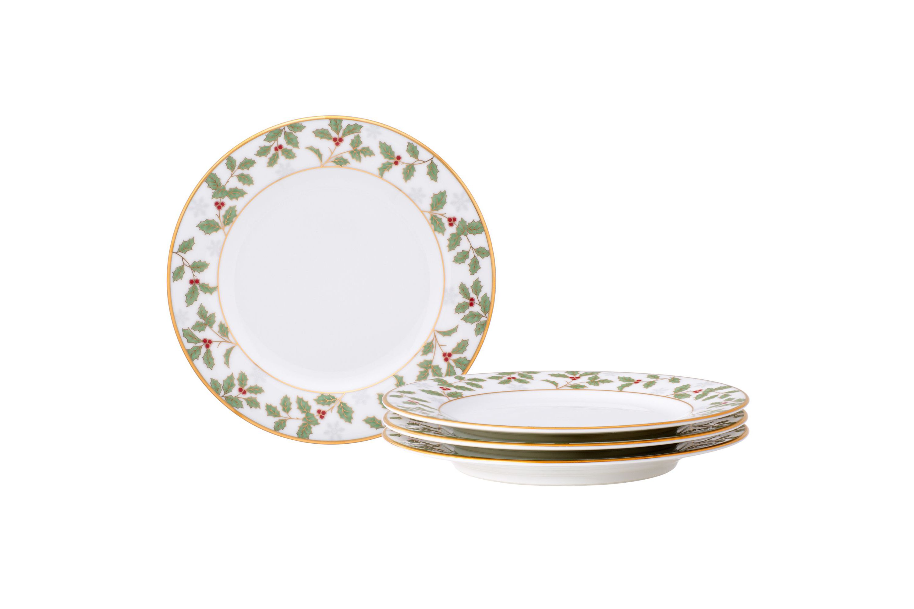 Holly & Berry Gold Set Of 4 Bread & Butter/Appetizer Plates, 6-1/4"