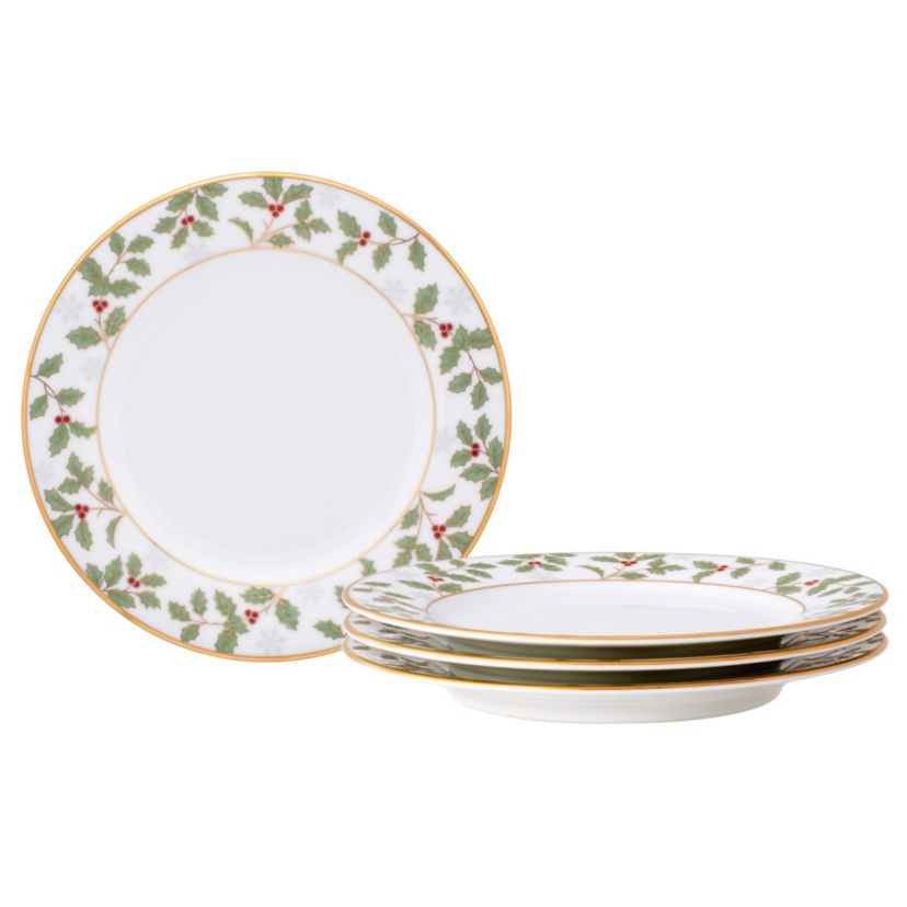 Holly & Berry Gold Set Of 4 Bread & Butter/Appetizer Plates, 6-1/4"