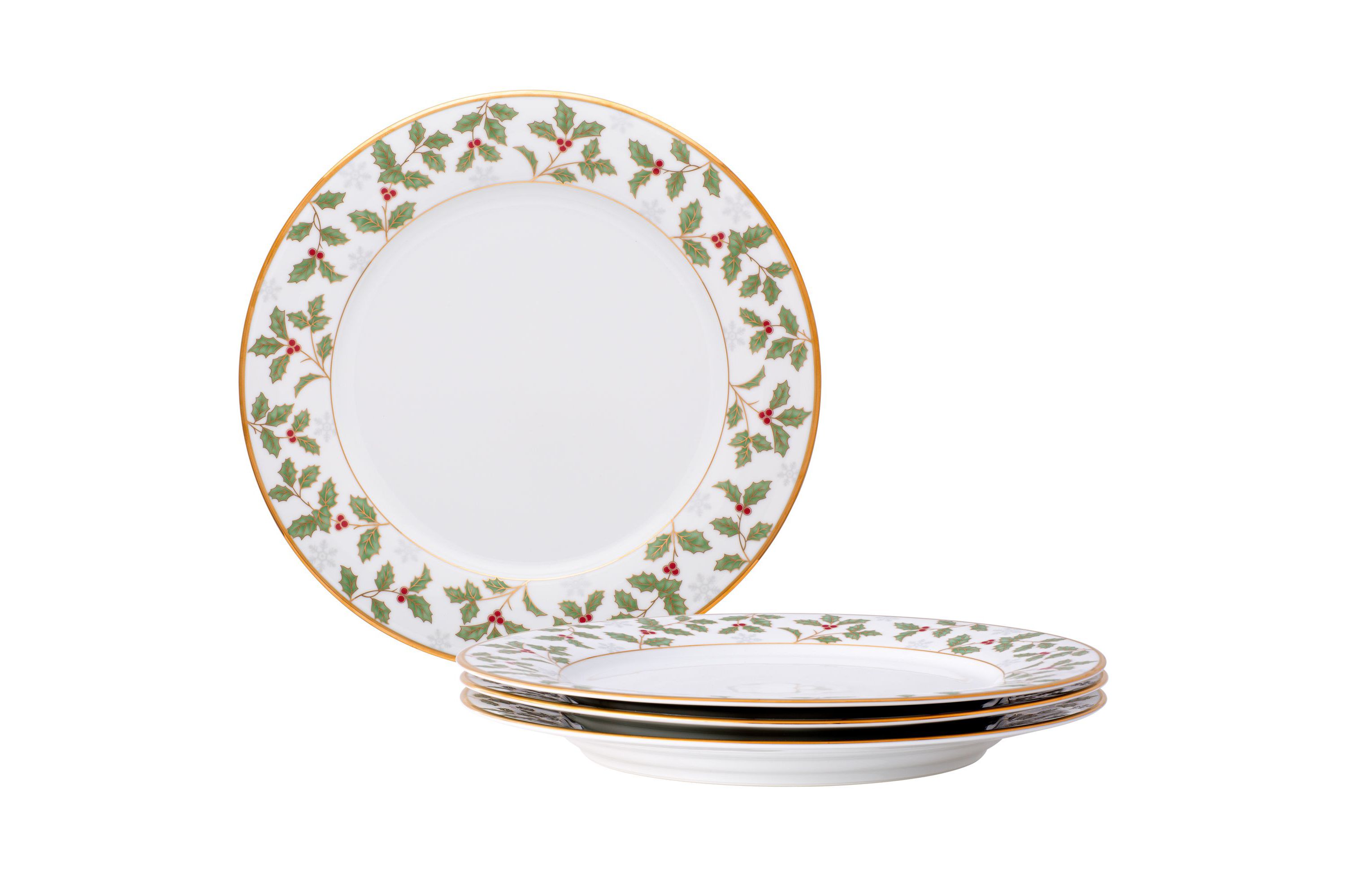 Holly & Berry Gold Set Of 4 Dinner Plates, 10-1/2"