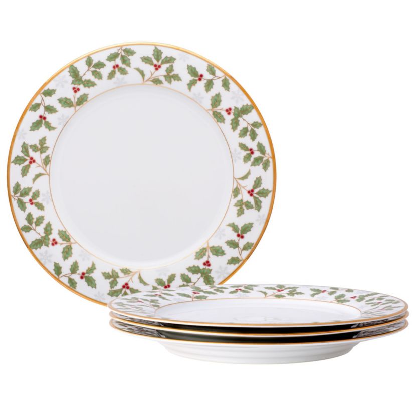 Holly & Berry Gold Set Of 4 Dinner Plates, 10-1/2"