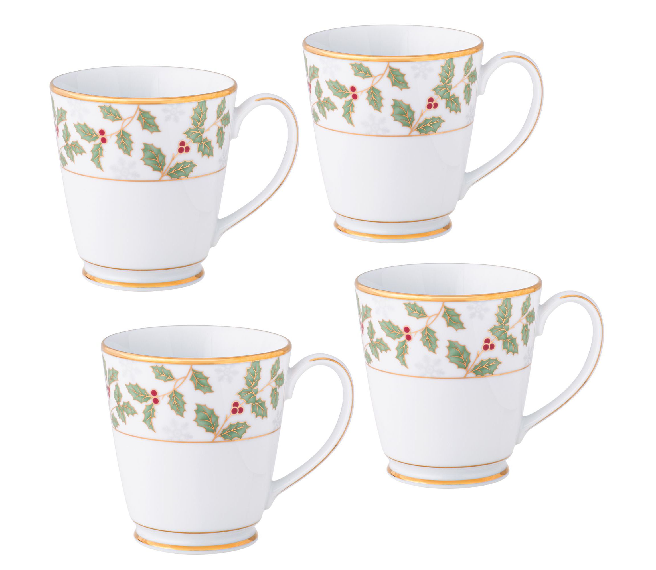 Holly & Berry Gold Set Of 4 Mugs, 12 oz.